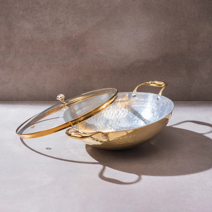 Brass Round Base Kadhai with Glass lid