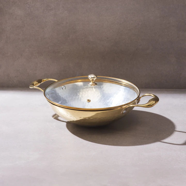 Brass Round Base Kadhai with Glass lid