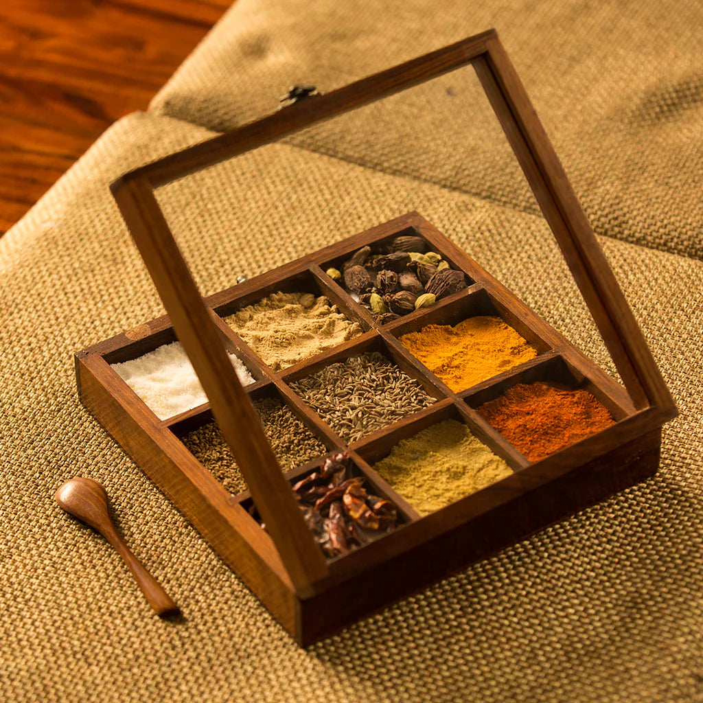 Spice Box Square Sheesham Wood 9 Non-Removable compartments