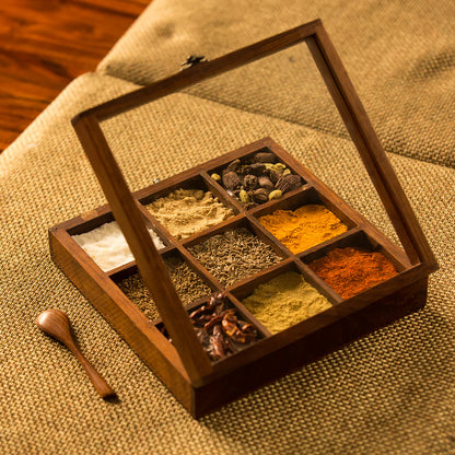 Spice Box Square Sheesham Wood 9 Non-Removable compartments