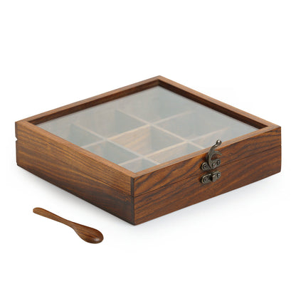 Spice Box Square Sheesham Wood 9 Non-Removable compartments