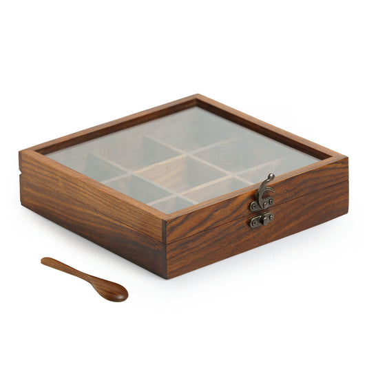 Spice Box Square Sheesham Wood 9 Non-Removable compartments