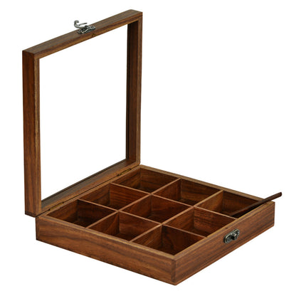 Spice Box Square Sheesham Wood 9 Non-Removable compartments