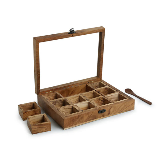 Medley of Masalas With Spoon In Teak Wood