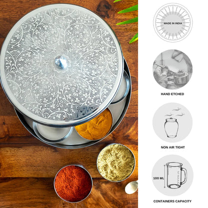 Floral Hand-Etched Spice Box With Spoon In Stainless Steel (7 Containers, 100 ml)