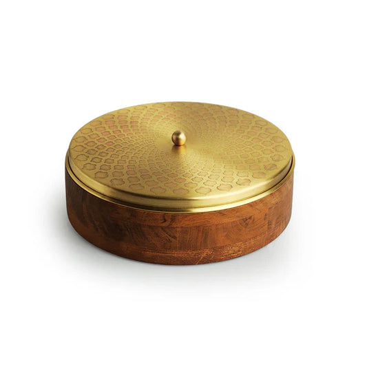 Hand-Etched Spice Box With Spoon In Brass & Acacia Wood "The Nabilla"