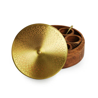 Hand-Etched Spice Box With Spoon In Brass & Acacia Wood "The Nabilla"