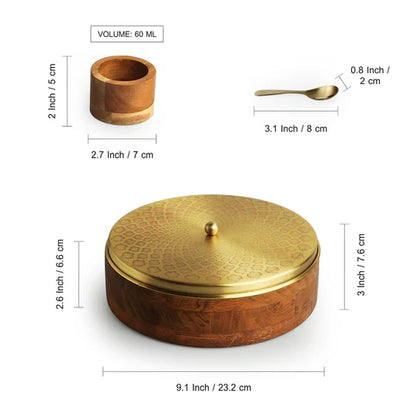 Hand-Etched Spice Box With Spoon In Brass & Acacia Wood "The Nabilla"
