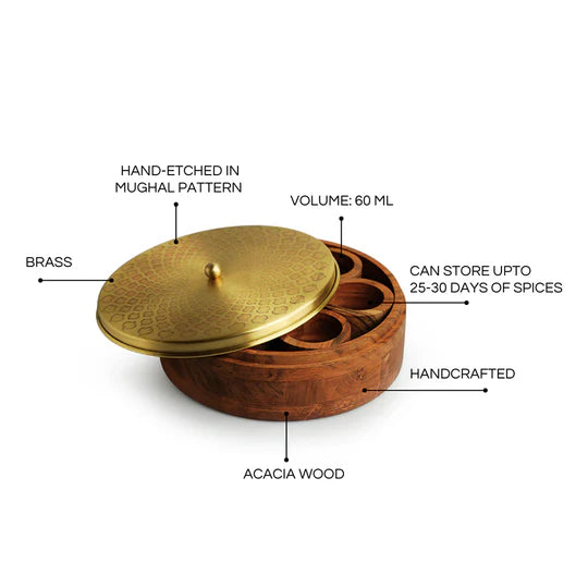 Hand-Etched Spice Box With Spoon In Brass & Acacia Wood "The Nabilla"