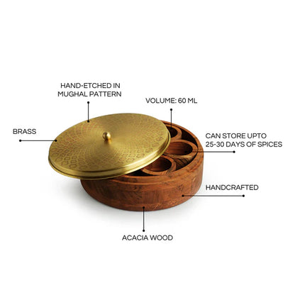Hand-Etched Spice Box With Spoon In Brass & Acacia Wood "The Nabilla"