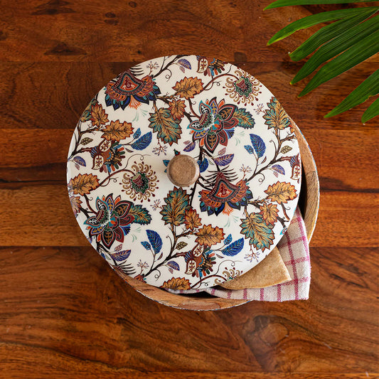 Floral Chronicles Hand-Enameled Chapati Box With Lid In Mango Wood
