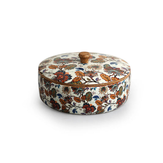 Floral Chronicles Hand-Enameled Chapati Box With Lid In Mango Wood