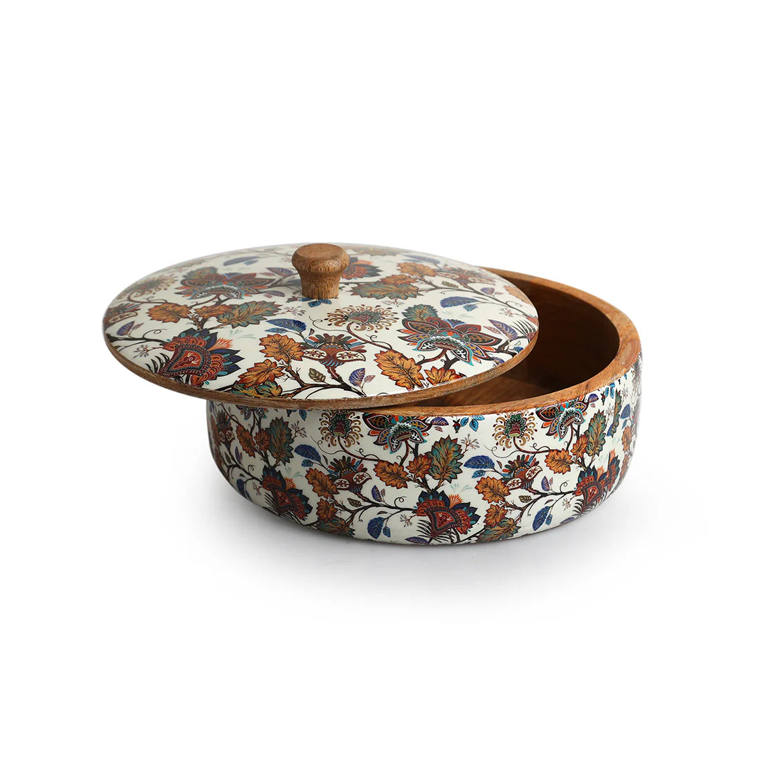 Floral Chronicles Hand-Enameled Chapati Box With Lid In Mango Wood