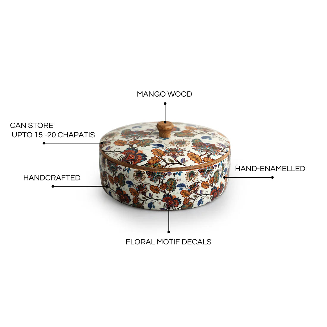 Floral Chronicles Hand-Enameled Chapati Box With Lid In Mango Wood