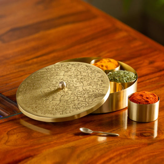 Floral Hand Etched Spice Box In Brass With Spoon