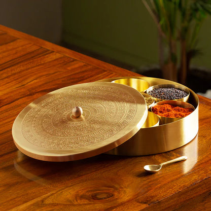 Handcrafted Spice Box In Brass With Spoon (7 Containers, 100 ML)