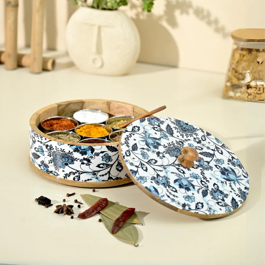 BB Handcrafted Wooden Blue Floral Masala Box
