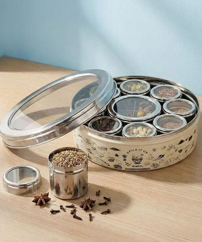 Maru Printed Stainless Steel Masala Box(white,black and silver)