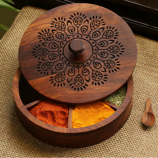 ''Dancing Peacock' Hand Carved Spice Box With Spoon in Sheesham Wood