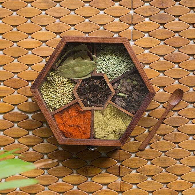 Hexagonal Wooden Spice Box with Spoon