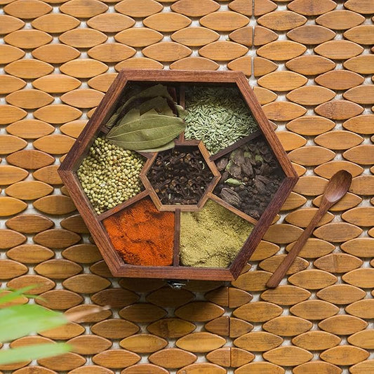 Hexagonal Wooden Spice Box with Spoon