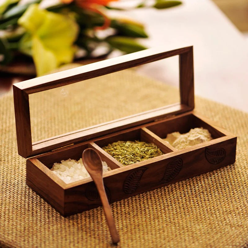 Wooden Hand Engraved Multi-Utility Spice Box With Spoon In Sheesham Wood