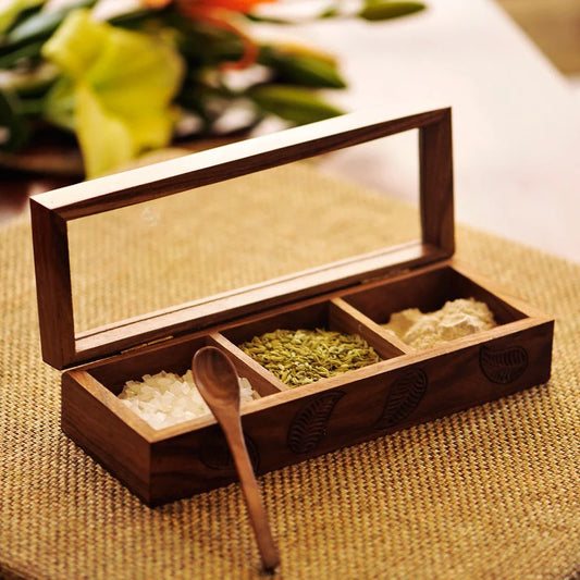 Wooden Hand Engraved Multi-Utility Spice Box With Spoon In Sheesham Wood