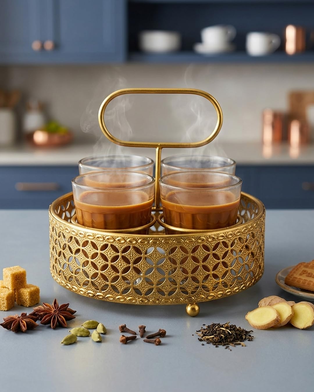 Premium Printed Tea Glass Set of 4 with Stand
