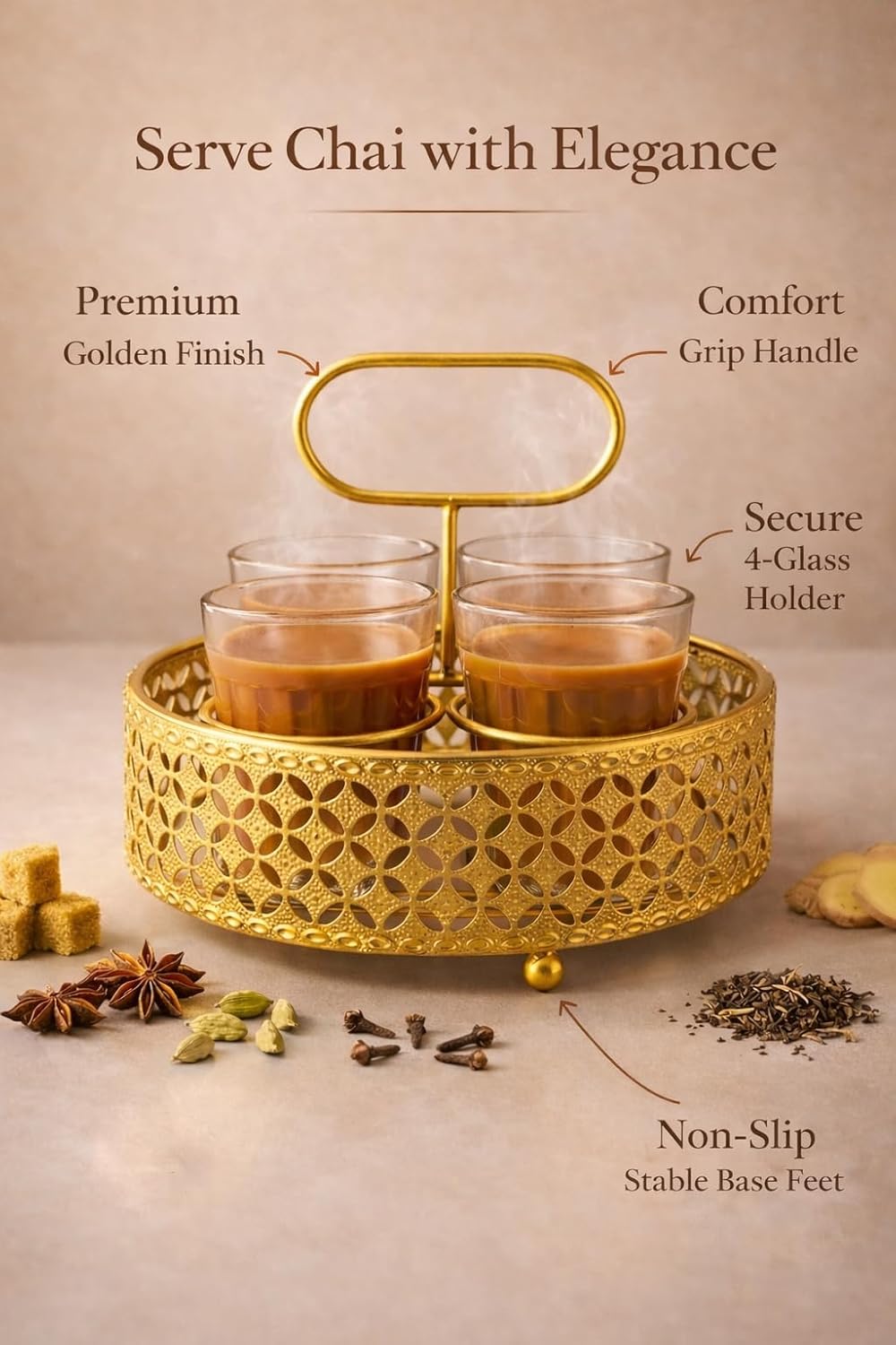 Premium Printed Tea Glass Set of 4 with Stand