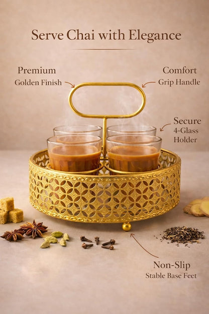 Premium Printed Tea Glass Set of 4 with Stand