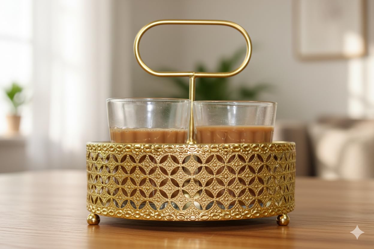 Premium Printed Tea Glass Set of 4 with Stand