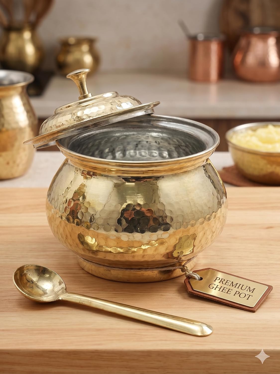 Pure Brass Ghee Pot with Spoon Lrg