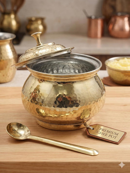 Pure Brass Ghee Pot with Spoon Lrg