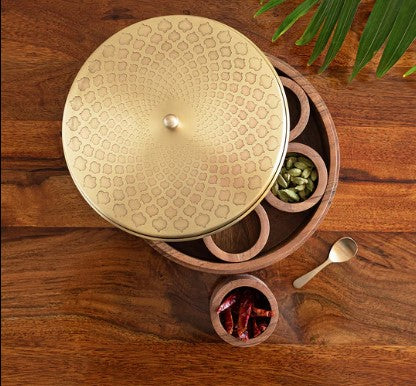 Hand-Etched Spice Box With Spoon In Brass & Acacia Wood "The Nabilla"