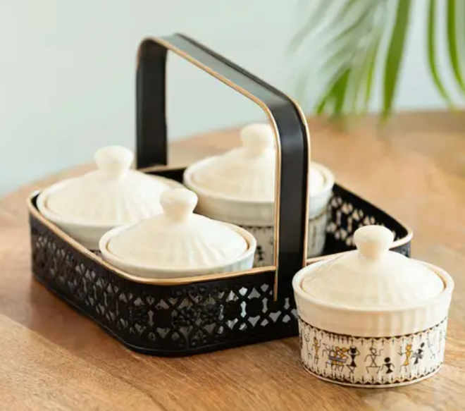 Warli Pickle Jar Set with Iron Holder