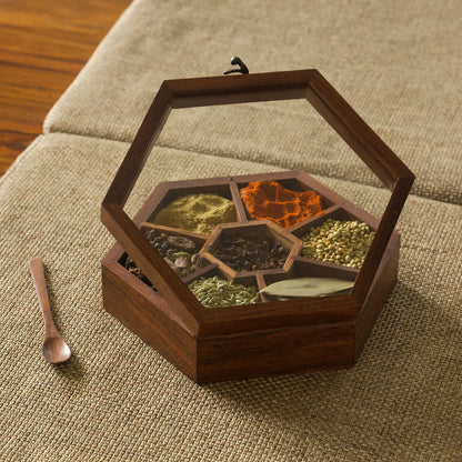 Hexagonal Wooden Spice Box with Spoon