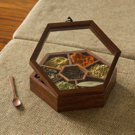 Hexagonal Wooden Spice Box with Spoon