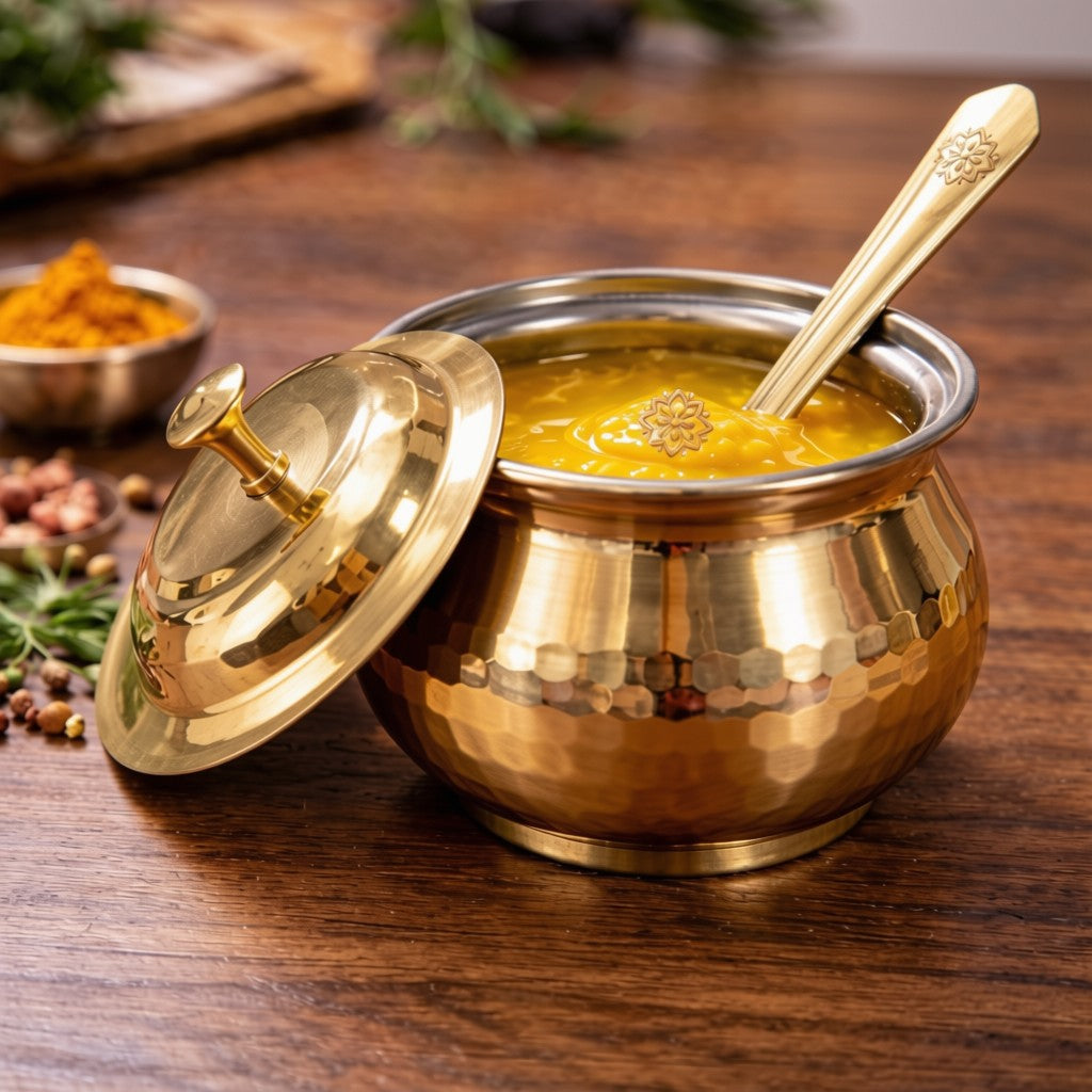 Brass Ghee Pot with Lid & Spoon 450ml