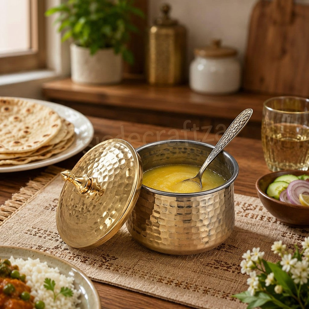 Brass Ghee Pot with Lid & Spoon 400ml