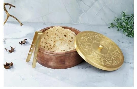 Gold Plated Brass Lid With Wooden Base Roti Box