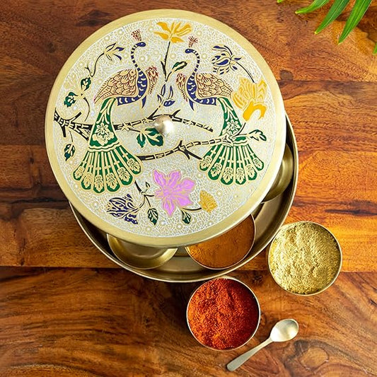 Peacock Hand-Etched' Brass Masala Box