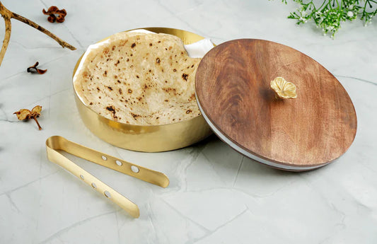 Hammered Gold Plated Metal With Wooden Lid Roti Box