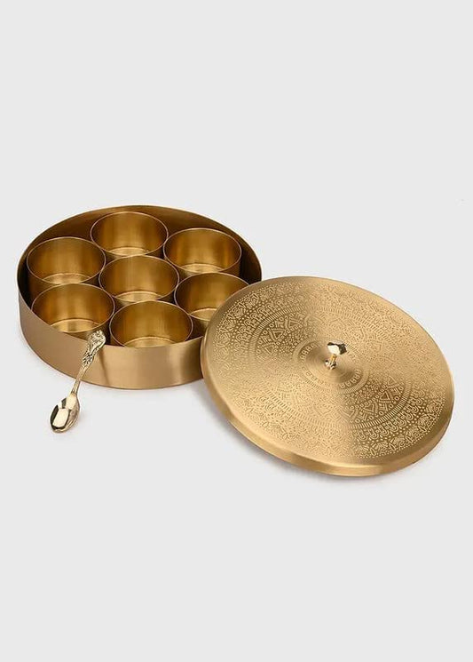 DDG Floral-Etched Handcrafted Brass Spice Box With Spoon