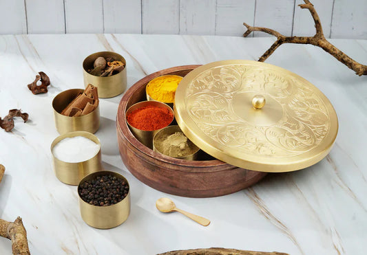 Hand-Etched Wooden Masala Box with Gold Lid