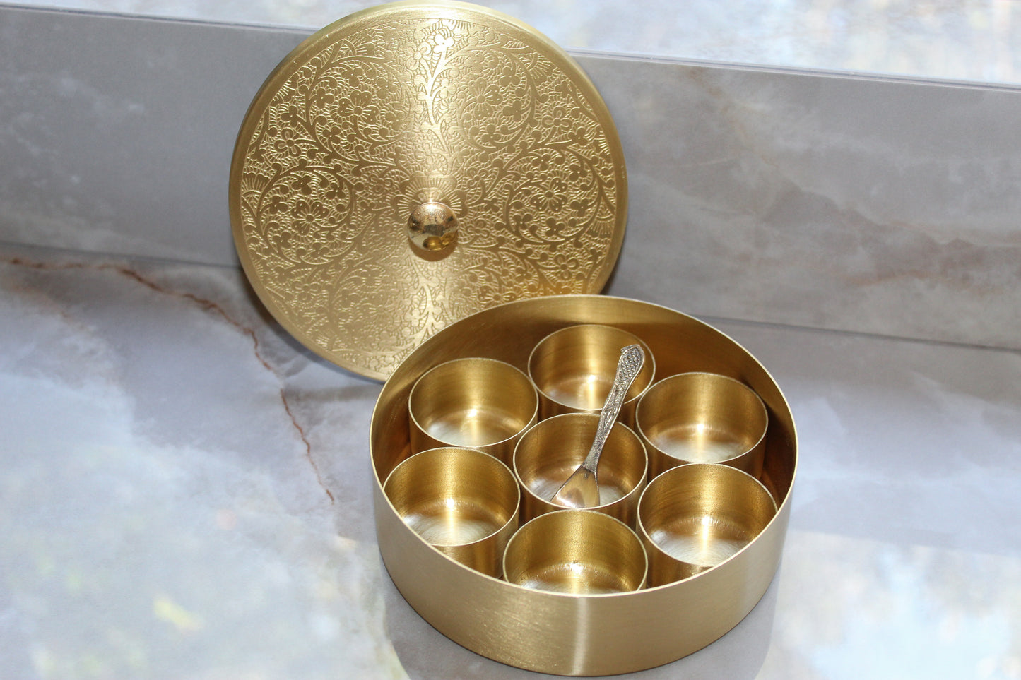 Handcrafted Spice Box In Brass With Spoon (7 Containers, 100 ML)