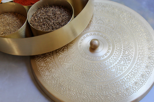 Handcrafted Spice Box In Brass With Spoon (7 Containers, 100 ML)