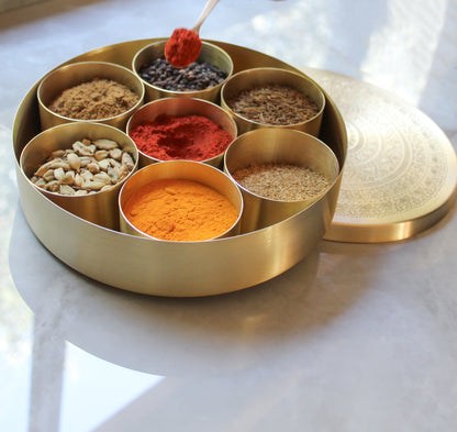 Handcrafted Spice Box In Brass With Spoon (7 Containers, 100 ML)