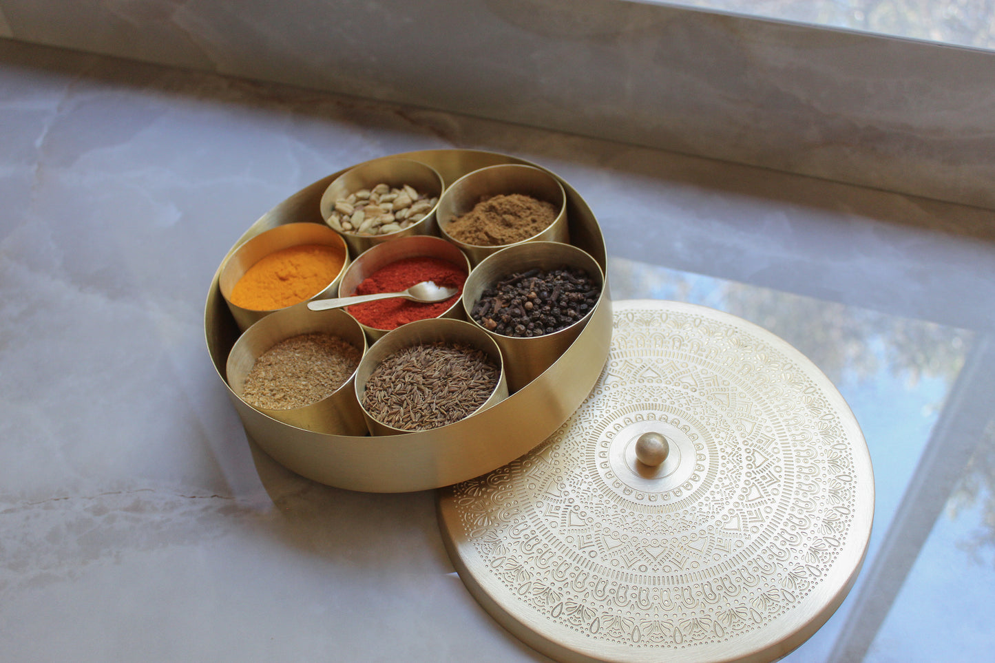Handcrafted Spice Box In Brass With Spoon (7 Containers, 100 ML)